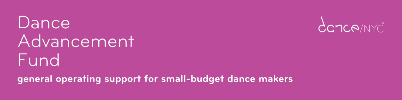 Pink background. White text reads 'Dance Advancement Fund. general operating support for small-budget dance makers'